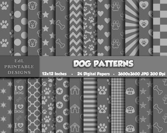 Gray Dog Theme Digital Papers, Puppy Paws, Bones, Animal Prints Pattern (Digital Download)