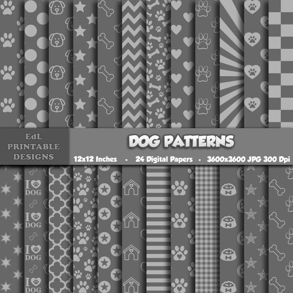 Tinted Gray Dog Patterns Digital Paper Pack, Animal Prints Background, Printable Puppy Theme, Pets Scrapbook Papers, Seamless Dog Paw Bones