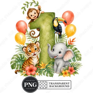 Può includere: Un grande numero uno verde decorato con un'illustrazione ad acquerello di una scimmia, una tigre, un tucano e un elefante circondati da foglie tropicali, fiori di ibisco rossi e gialli e palloncini arancioni e gialli su sfondo bianco.