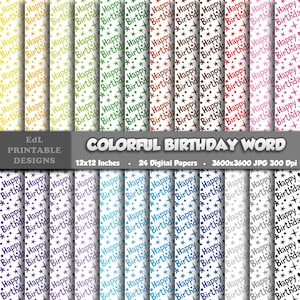 Colorful Birthday Word Digital Paper, Party Paper Printable Background, Kids Birthday Scrapbook Papers, 12x12 Paper, Seamless Patterns Set