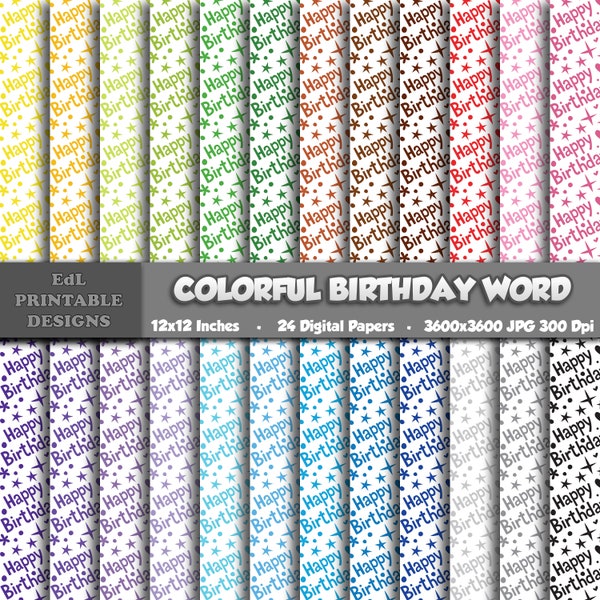 Colorful Birthday Word Digital Paper, Party Paper Printable Background, Kids Birthday Scrapbook Papers, 12x12 Paper, Seamless Patterns Set