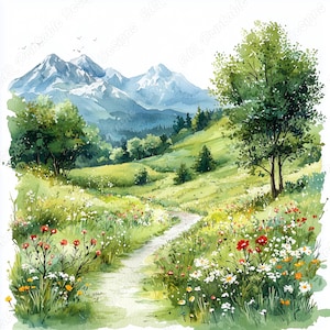 20 imágenes prediseñadas de prados verdes, paisajes de acuarela, imágenes imprimibles de escenas naturales, descarga digital de campos escénicos, set de manualidades de papel para scrapbooking (JPG)