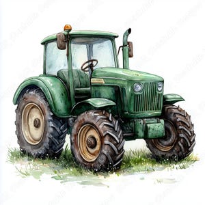 Op de afbeelding: Een groene tractor met grote wielen en een geel licht bovenop. De tractor staat op een stukje groen gras.