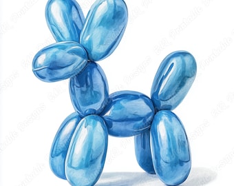 May include: A watercolor illustration of a blue balloon dog. The dog is made of connected, glossy, blue balloons, with a detailed shading effect. The image is set against a white background, highlighting the dog's form and color.