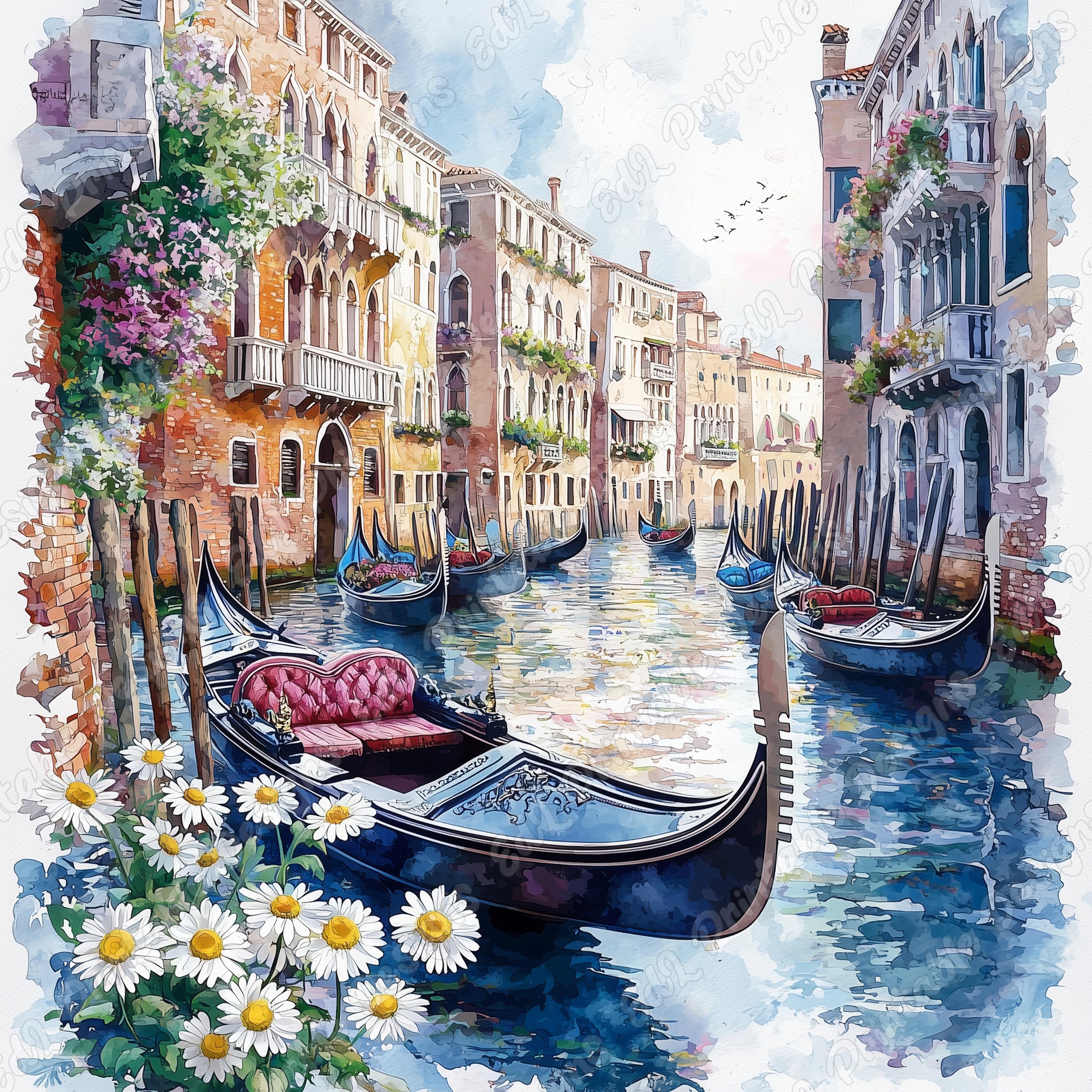 ヴェネツィアのゴンドラの水彩画クリップアート、ロマンチックな運河の