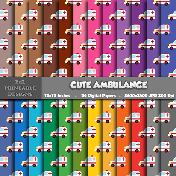 Cute Ambulance Digital Paper, Cars Printable Background, Emergency Vehicles Scrapbook Papers, 12x12 Kids Paper, Seamless Nursery Pattern Set