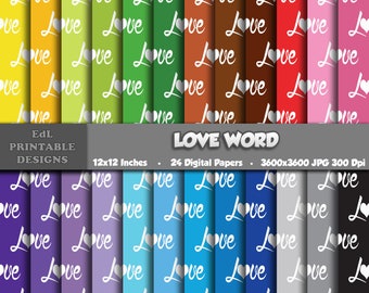Love Word Digital Papers, Valentines Day Scrapbook, Hearts Seamless Patterns (Digital Download)