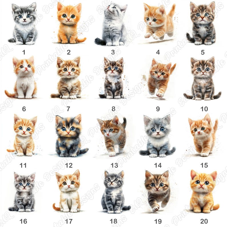 20 Cute Kitten Clip Art, Adorable Animal Printable Images, Watercolor Baby Cat Digital Download, Little Kitten Scrapbooking Paper Crafts JPG
