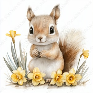 Könnte beinhalten: Aquarell-Illustration eines niedlichen Eichhörnchens mit buschigem Schwanz, umgeben von gelben Narzissen und grünem Gras. Das Eichhörnchen hat große, dunkle Augen und verschränkte Pfoten. Das Bild hat eine weiche, pastellfarbene Farbpalette.