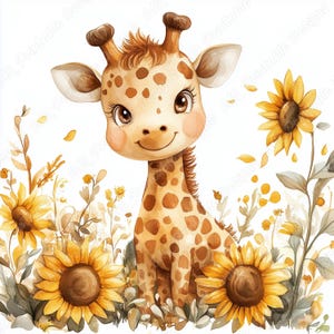 20 Watercolor Giraffe Clip Art, Happy Baby Giraffe Printable Images, Woodland Animal Flowers Digital Download, Scrapbooking Paper Crafts JPG
