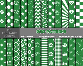 Green Dog Paw Print Digital Paper, Puppy Theme, Seamless Pets Pattern (Digital Download)