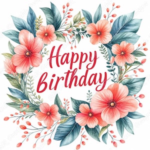Clipart de Feliz Aniversário, Letras Florais em Aquarela, Papéis de Scrapbooking para Celebração Romântica (Download Digital)