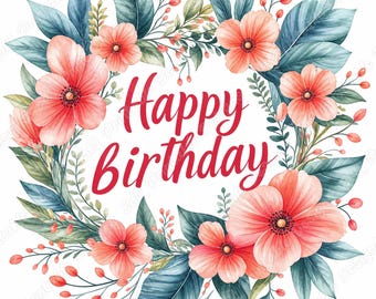 Happy Birthday Clipart, Aquarell-Blumenschriftzug, Romantische Scrapbooking-Papiere für Feierlichkeiten (Digitaler Download)