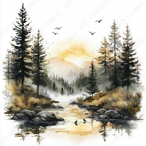 20 Lake Landscape Clip Art, Watercolor River View Printable Images, Forest Landscape Digital Download, Nature Scrapbooking Paper Crafts JPG