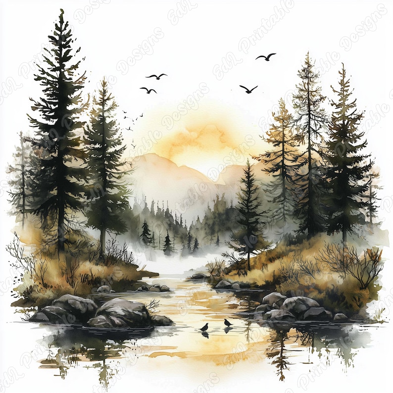 20 Lake Landscape Clip Art, Watercolor River View Printable Images, Forest Landscape Digital Download, Nature Scrapbooking Paper Crafts JPG