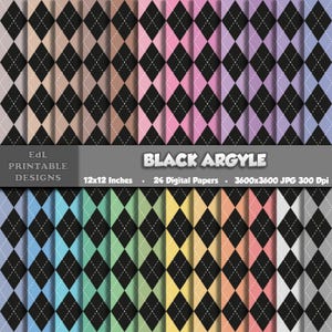 Black Argyle Digital Paper, Dark Diamond Printable Background, Geometric Scrapbook Papers, 12x12 Colorful Harlequin Paper, Seamless Patterns