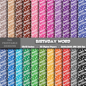 Birthday Word Digital Paper Pack, Party Paper Printable Background, Kids Birthday Scrapbook Papers, 12x12 Paper, Seamless Pattern Set Of 22