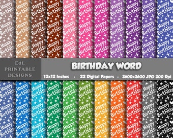 Birthday Word Digital Paper Pack, Party Paper Printable Background, Kids Birthday Scrapbook Papers, 12x12 Paper, Seamless Pattern Set Of 22