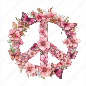 20 Clip Art con simboli di pace floreali, Immagini stampabili con simboli di pace hippie, Download digitale di fiori retrò, Set di JPG per scrapbooking