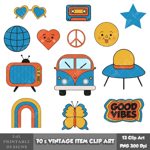 70s Vintage Item Clip Art, Retro Png, Hippie Clipart, Cute Groovy Chic, Antique Png Set, Printable Nostalgic Peace Symbols Digital Clip Art