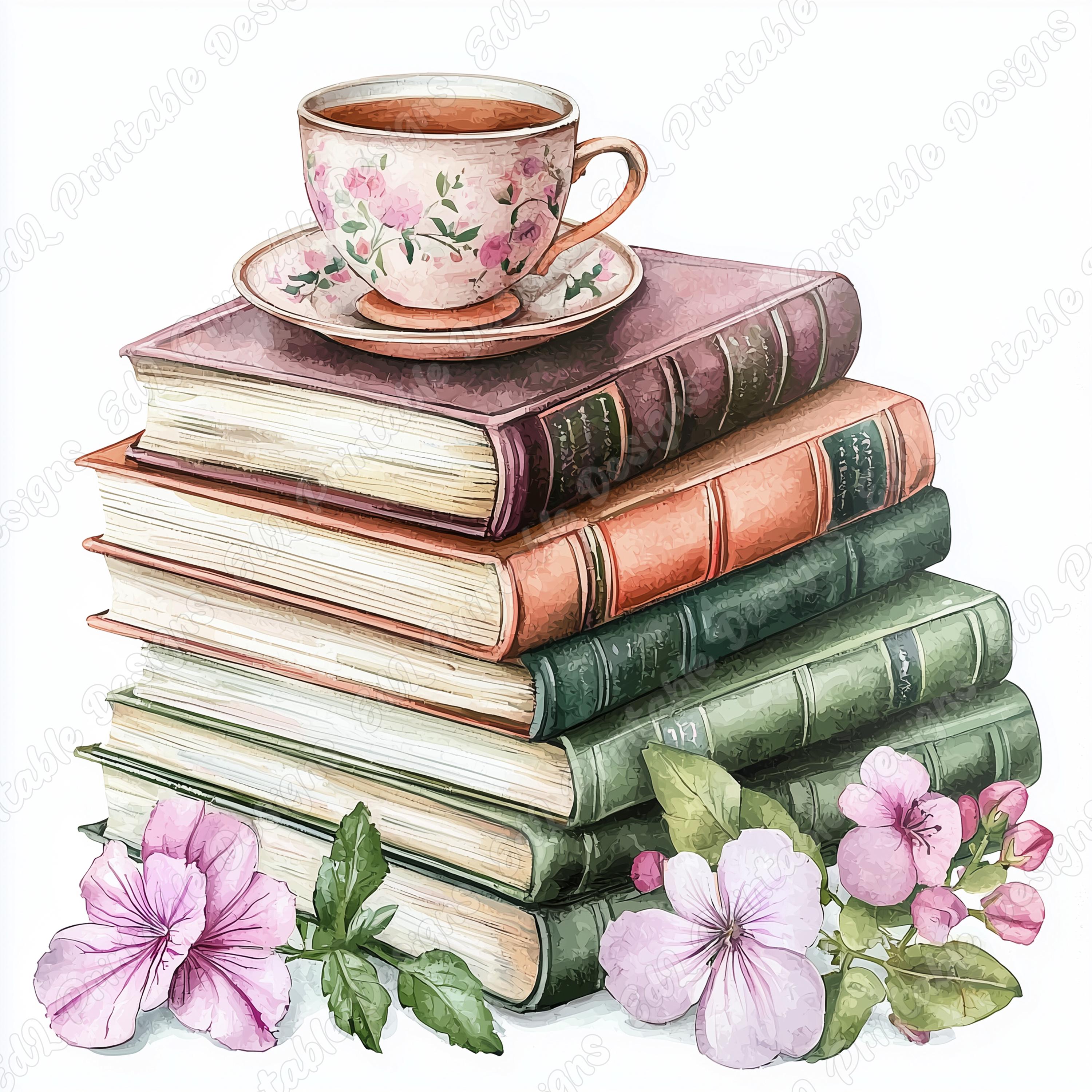 横井 巴、「TEA CUP AND FLOWER」カラーメゾチント画集 Watercolor Books, Tea Cup, and Flowers Clipart (digital Download