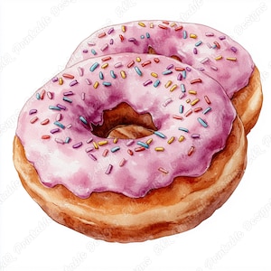 19 aquarel donuts illustraties, zoete donut afdrukbare afbeeldingen, smakelijk dessert digitale download, bakkerij traktaties scrapbooking papier ambachten JPG