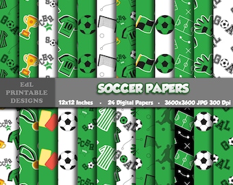 Papel digital de fútbol, fondo imprimible de fútbol, papel de álbum de recortes de fiesta de pelota de fútbol verde, papel 12x12, conjunto de patrones de tema deportivo sin costuras