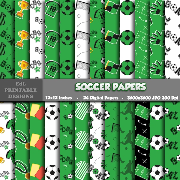 Fußball Digital Papier, Fußball druckbarer Hintergrund, grüner Fußball Party Scrapbook Papier, 12x12 Papier, Nahtlose Sport Thema Muster Set