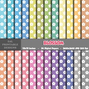 Carta digitale Blossom, sfondo stampabile con margherite, carta per scrapbooking floreale, carta con margherite dai colori pastello 12x12, set di motivi floreali senza soluzione di continuità