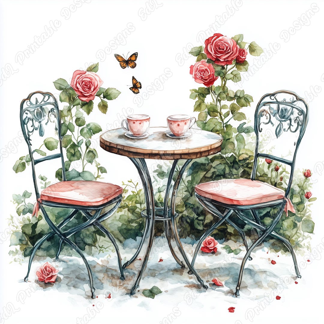 Watercolor Bistro Table and Chairs Clipart, Romantic Cafe Graphics (JPG ...