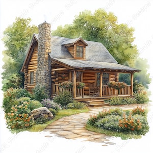 Cabin in Woods Clipart, Log Cabin, Rustic Forest House Landscape, Mountain Home (Digital Download)