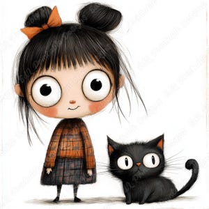 19 Quirky Girl with Fluffy Cat Clip Art, Cat Lover Printable Image, Whimsical Girl and Puppy Digital Download, Scrapbooking Paper Crafts JPG