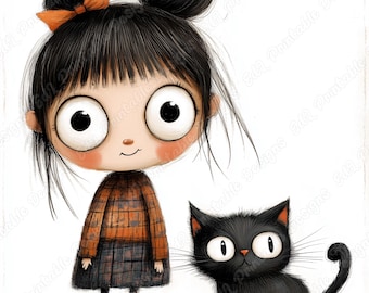 Whimsical Girl and Cat Clipart, Quirky Girls with Puppy Printable Images (Digital Download)