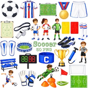 Può includere: Una collezione di illustrazioni a tema calcistico che include un pallone, una maglia, diagrammi del campo, una medaglia d'oro, pantaloncini, fischietto, cartellini dell'arbitro, calzettoni, parastinchi, stadio, scarpe, trofeo, pompa, panchina, tabellone, fascia da capitano, guanti, coni, bandierina e porta.