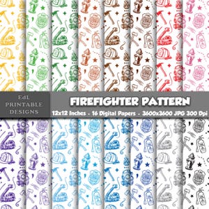 Könnte beinhalten: Eine Sammlung von 16 digitalen Papieren mit einem Feuerwehr-Thema. Jedes Papier zeigt ein sich wiederholendes Muster von Illustrationen zum Thema Feuerwehr, darunter Äxte, Helme, Feuerwehrautos und Feuerlöscher. Die Papiere sind 30,48 x 30,48 cm groß.