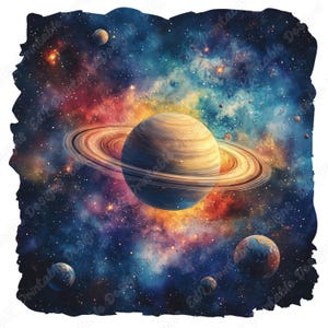 May include: A vibrant watercolor illustration of a galaxy scene featuring a large planet with rings, surrounded by smaller planets and stars. The background is a mix of blues, reds, and oranges, creating a cosmic atmosphere.