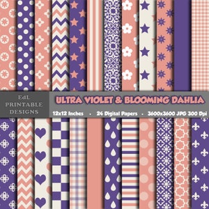 Ultra Violet and Blooming Dahlia Digital Paper, Purple and Pink Printable Background, Scrapbook Papers, Seamless Pattern Set Papers Of 24