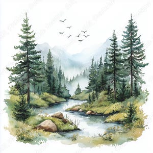 20 Seenlandschaft Clip Art, Aquarell Fluss Blick druckbare Bilder, Waldlandschaft Digitaler Download, Natur Scrapbooking Papier Handwerk JPG