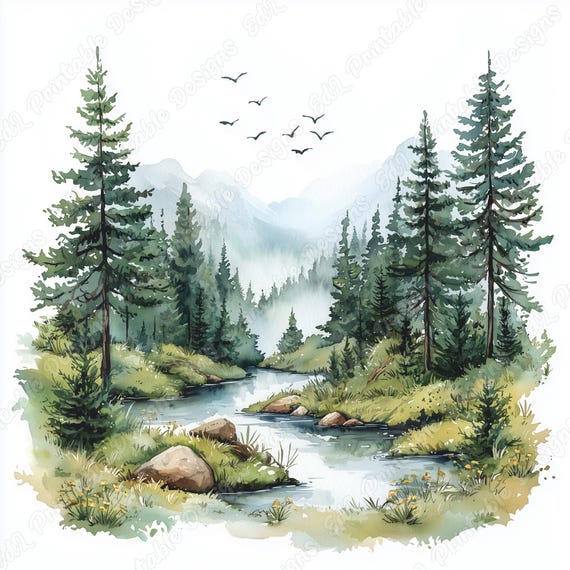Watercolor Lake Landscape Clip Art, River Scene, Forest (Digital Download)