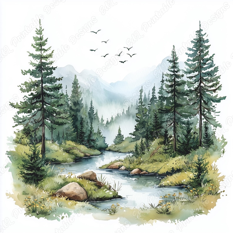 20 Lake Landscape Clip Art, Watercolor River View Printable Images, Forest Landscape Digital Download, Nature Scrapbooking Paper Crafts JPG