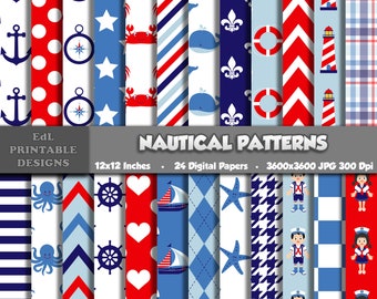 Nautical Digital Paper, Sea Animals, Coastal Scrapbook (Set of 24)