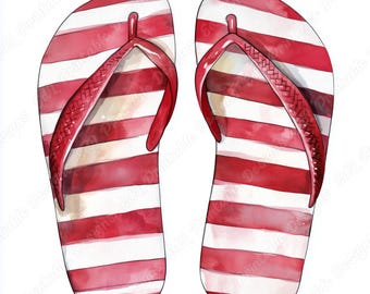 20 Watercolor Flip Flop Clip Art, Beach Slipper Printable Images, Striped Sandal Digital Download, Summer Shoes Scrapbooking Paper Craft JPG