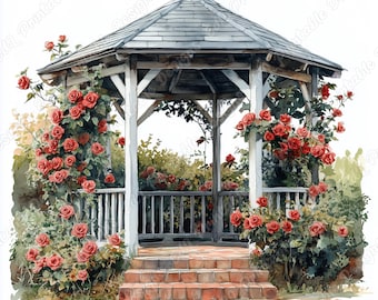 Imágenes prediseñadas de cenador floral en acuarela, cenador de jardín romántico con flores (paquete JPG) (descarga digital)