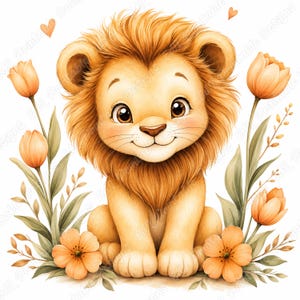 Baby Lion Clipart, Watercolor Floral Lions, Woodland Nursery Art (Digital Download)