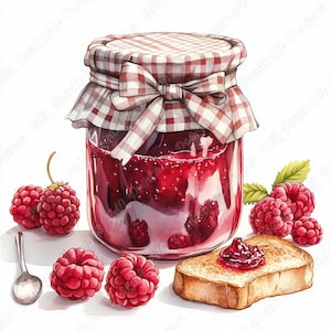 20 imágenes prediseñadas de frascos de mermelada de acuarela, imágenes imprimibles de mermelada de frutas, descarga digital de comida para el desayuno, manualidades con papel para scrapbooking y decoración de cocina JPG