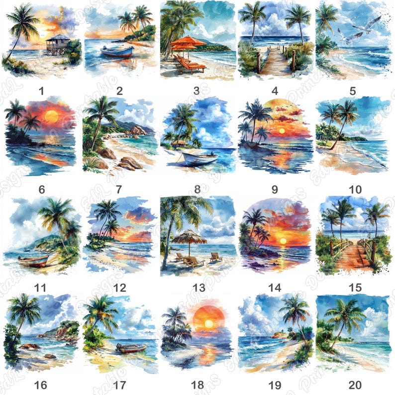 20 Tropical Beach Scene Clip Art, Ocean Beach Printable Images, Coastal Landscape Digital Download, Sunny Beach Scrapbooking Paper Craft JPG