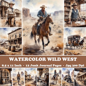 Diario di scarto del selvaggio West con acquerello, effimeri western shabby chic stampabili, arte murale da cowboy e cowgirl, carte digitali vintage western town