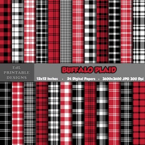 Carta digitale scozzese di bufalo bianco rosso e nero, carte di sfondo tartan stampabili, carte per album da boscaiolo, set di percalle senza cuciture di 24