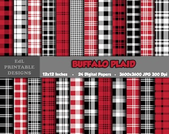 Red Black White Buffalo Plaid Digital Paper, Tartan Scrapbook Paper (Set of 24)