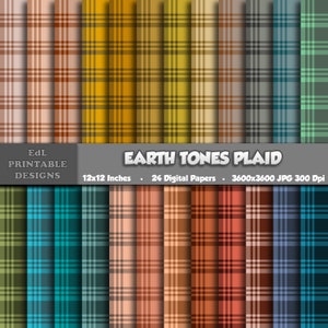 Earth Tones Plaid Tartan Digital Paper, Printable Scottish Background, Boho Flannel Scrapbook Papers, Lumberjack, Seamless Gingham Pattern